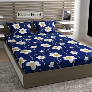 Amvy Creation Skin Friendly Ultrasoft Prime Collection King Size Elastic Fitted Double Bedsheet with 2 Pillow Covers (Size 72 x 78 Inch) - Blue Lily Gold Fitted3