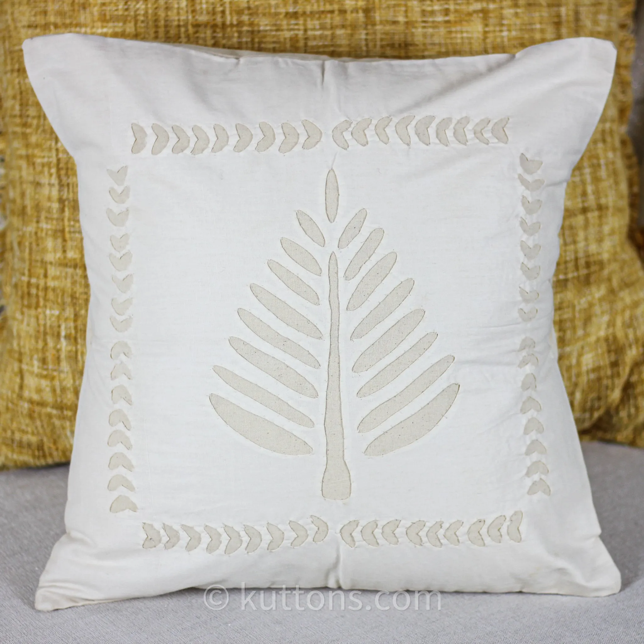 Applique Work Cotton Cushion Cover - Handcrafted Decorative Pillow | Cream, 16x16"