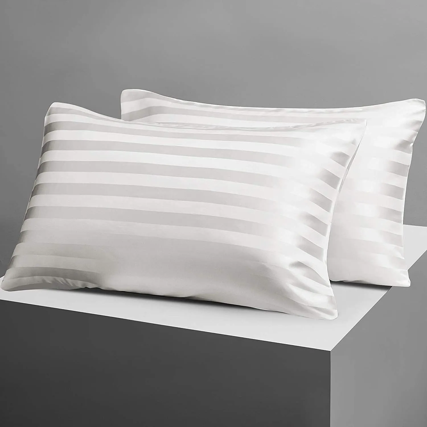 ATOOTFUSION Satin Strip Fabric Bed Pillow (16" x 26") Set of 02 White Satin Stripe Fabric (Medium Hard Cotton Bed Pillows Set of 02) (White Satin Stripe Medium HardCotton Bed Pillow Pack of 02)