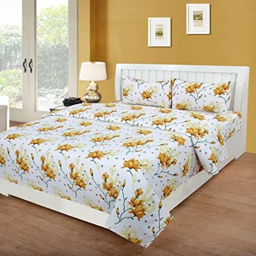 Aypniess Prime Collection 144TC 3D Printed Polycotton Double Bedsheet with 2 Pillow Covers (Multicolour, Size 87 x 87 Inch) - White with Yellow Flowers 3D3-M