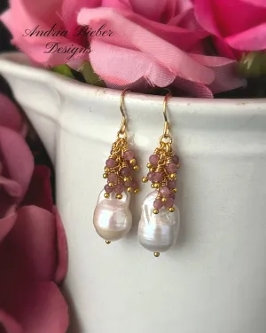 Baroque pearl, pink tourmaline stone, gold metal, drop earrings