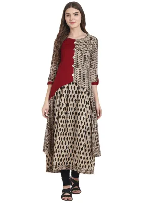 Beige Printed Sleevless Cotton Anarkali Kurta With Front Open Low High Kurta