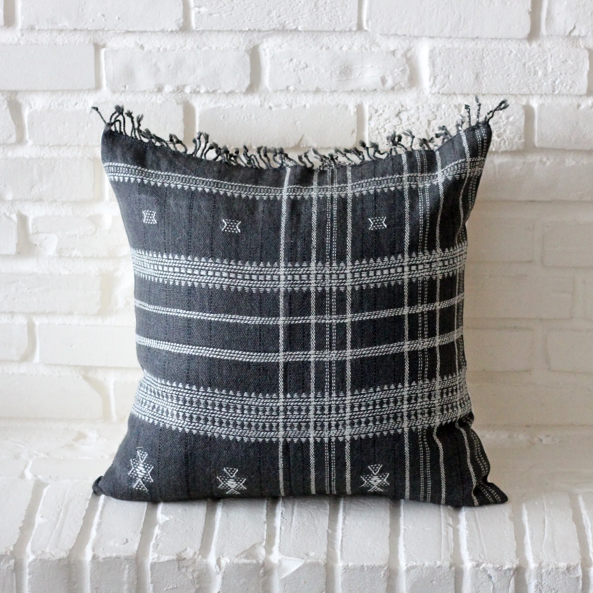 Bhujodi 100% Wool & Organic Cotton Pillow Cover - Rustic Handwoven Cushion with Tassels | Dark Gray, 22x22" (Pair)