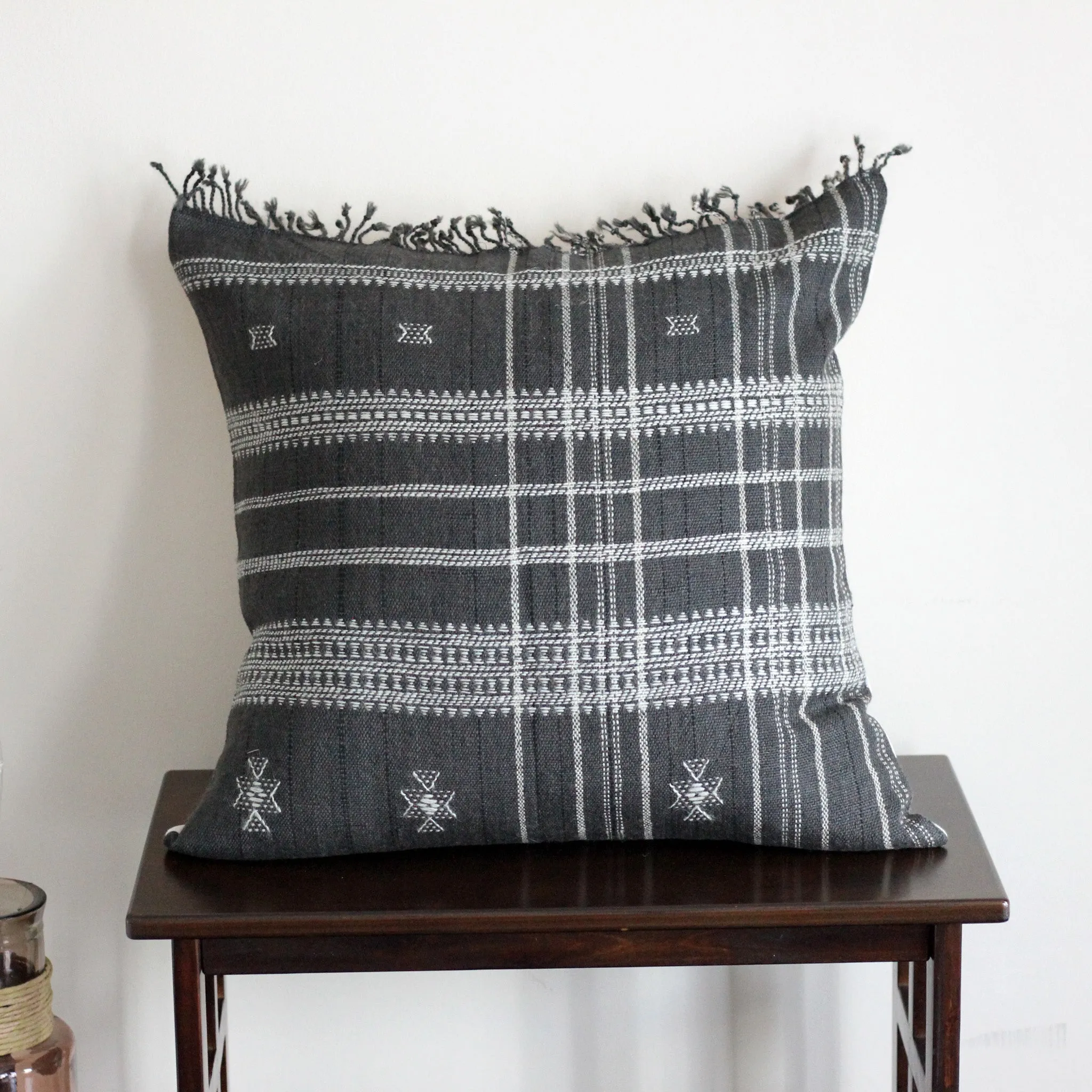 Bhujodi 100% Wool & Organic Cotton Pillow Cover - Rustic Handwoven Cushion with Tassels | Dark Gray, 22x22" (Pair)