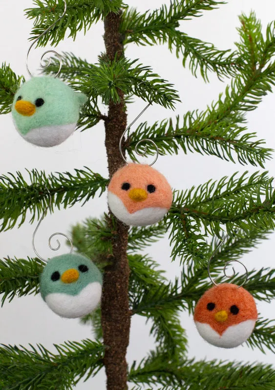 Bird Tree Ornaments- SET OF 4- Teals & Peach Chicks