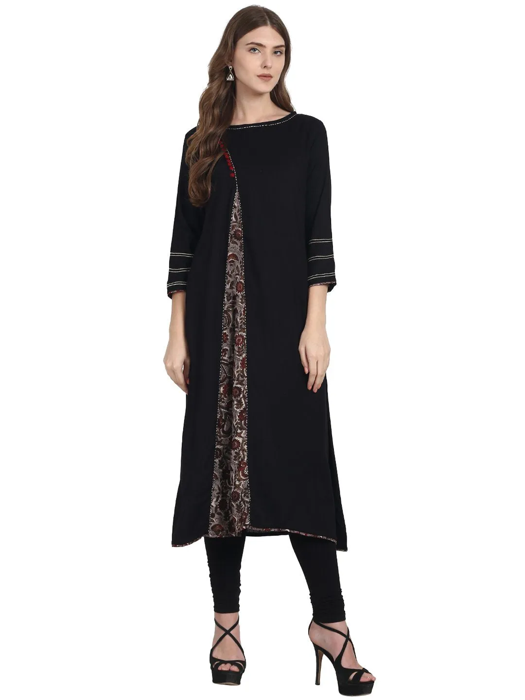 Black 3/4Th Sleeve A-Line Cotton Kurta