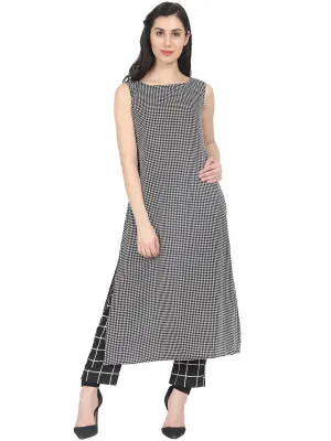 Black Check Printed Sleeveless Cotton Kurta With Black Check Palazzo