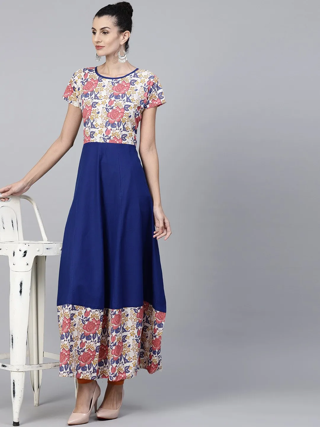 Blue Cap Sleeve Cotton Anarkali Kurta With Printed Yoke