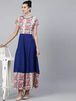 Blue Cap Sleeve Cotton Anarkali Kurta With Printed Yoke