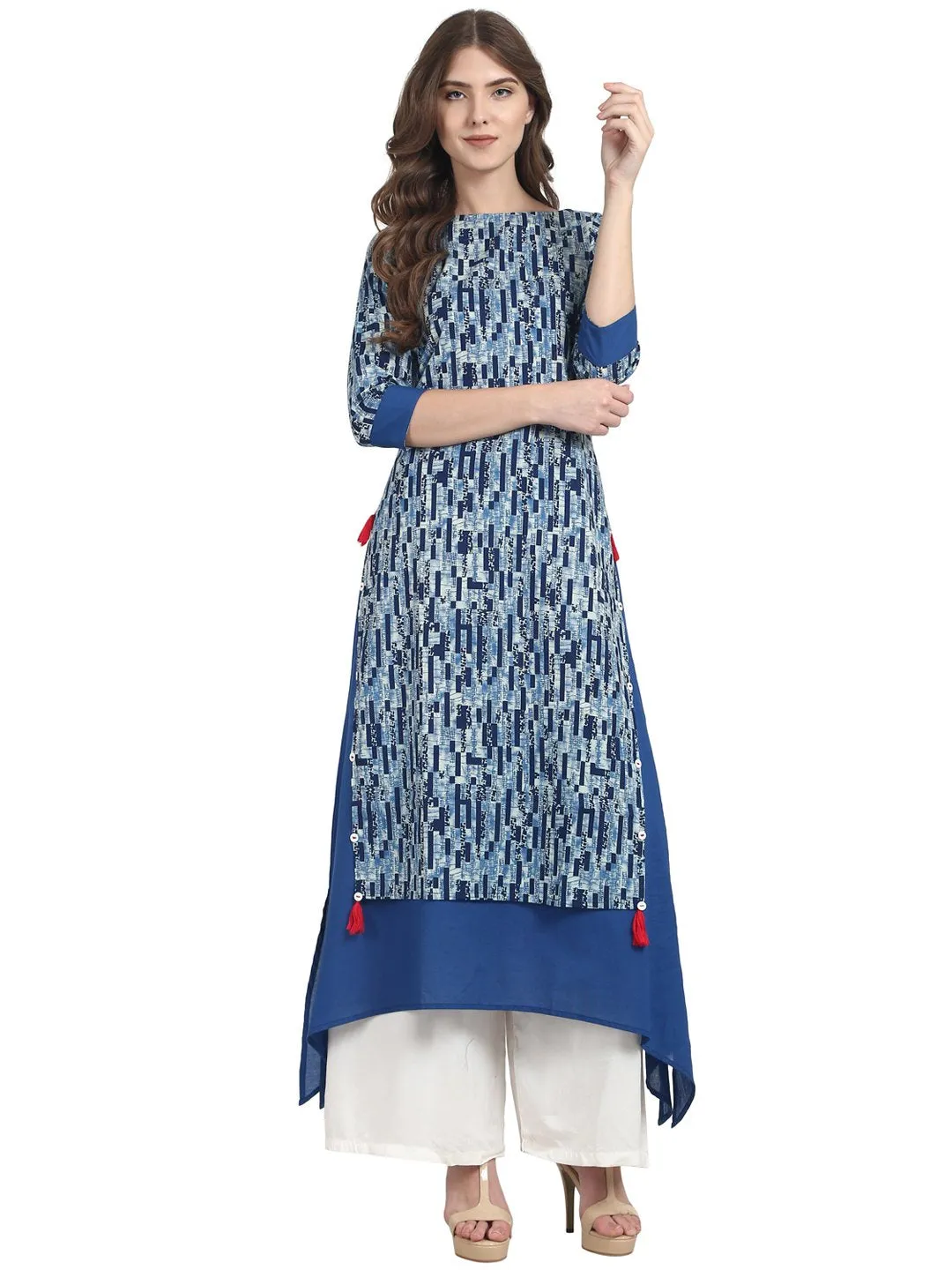 Blue Printed 3/4 Sleeve Cotton Double Layer Kurta