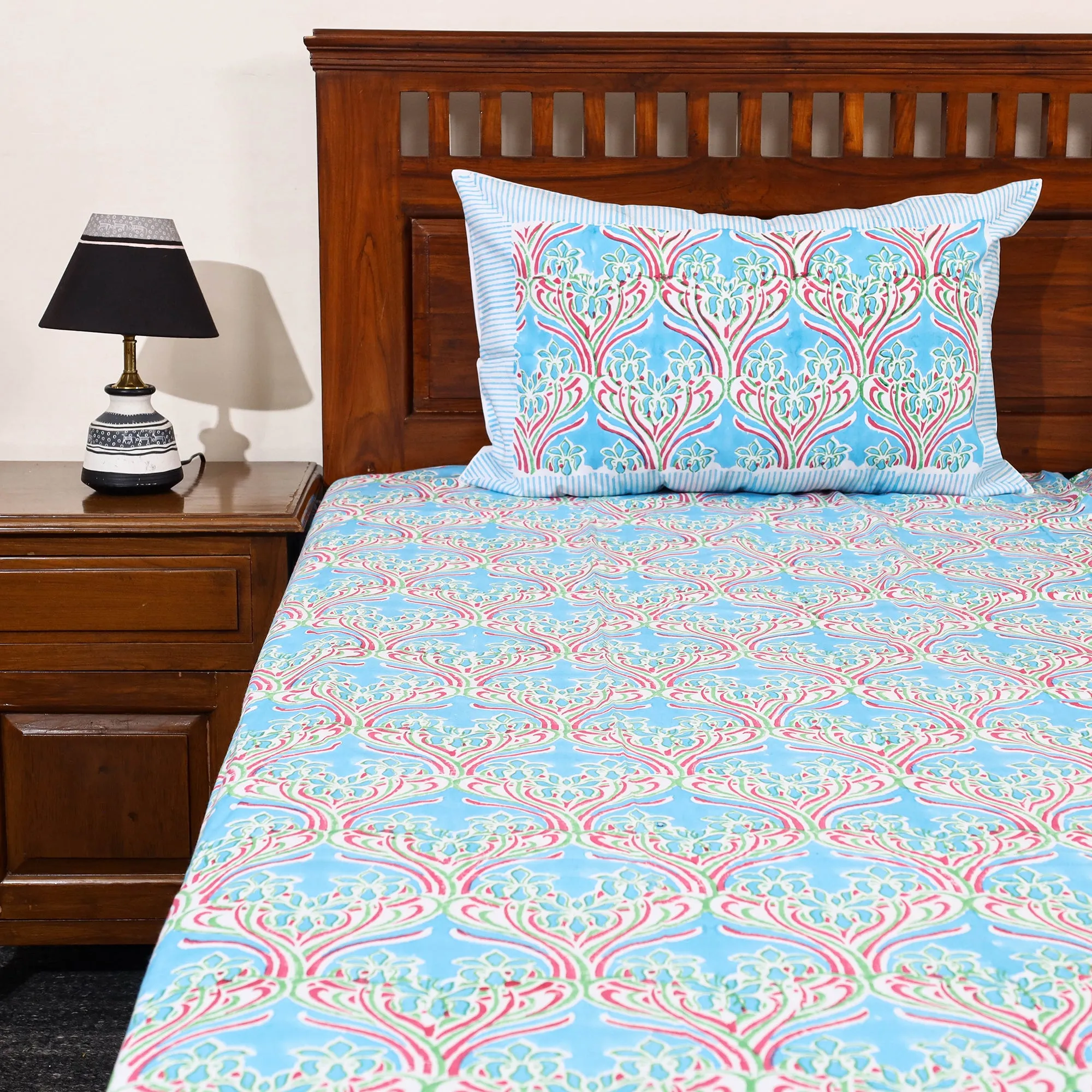 Blue - Sanganeri Block Printed Cotton Double Bed Cover Set 36