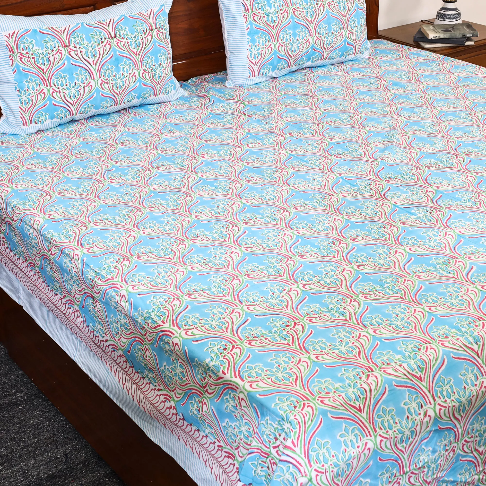 Blue - Sanganeri Block Printed Cotton Double Bed Cover Set 36