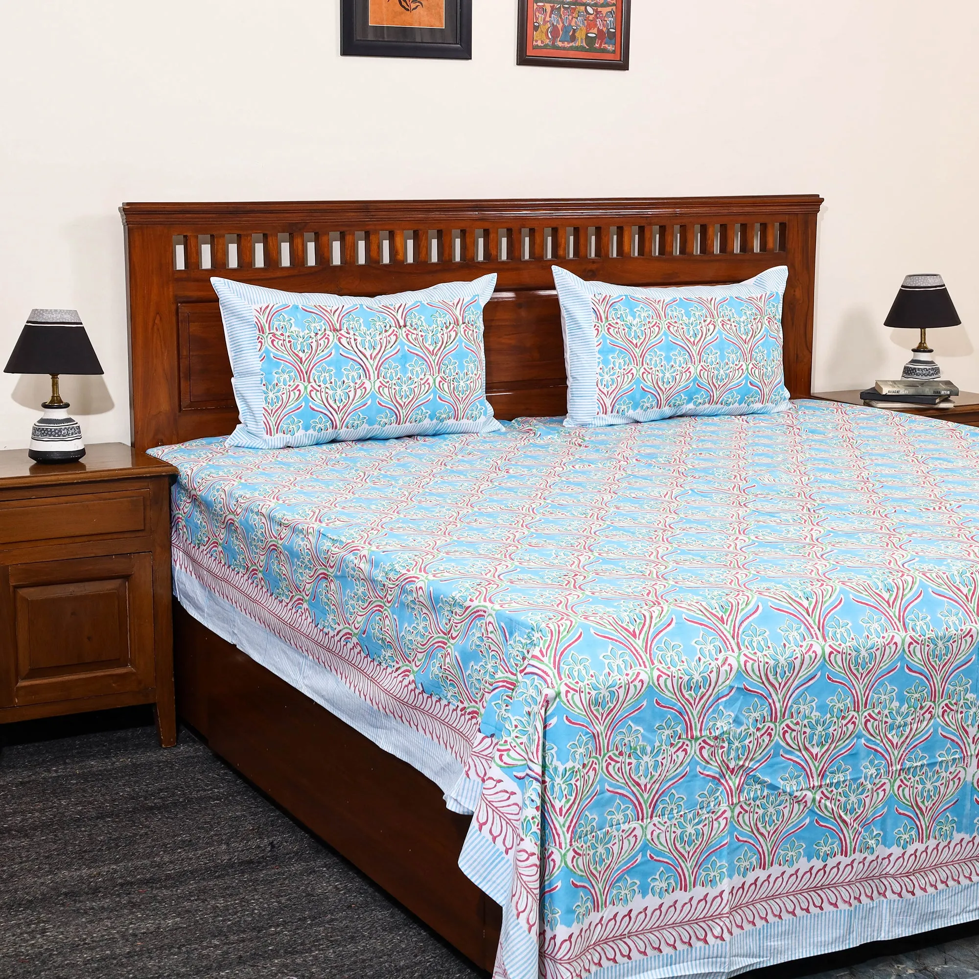 Blue - Sanganeri Block Printed Cotton Double Bed Cover Set 36