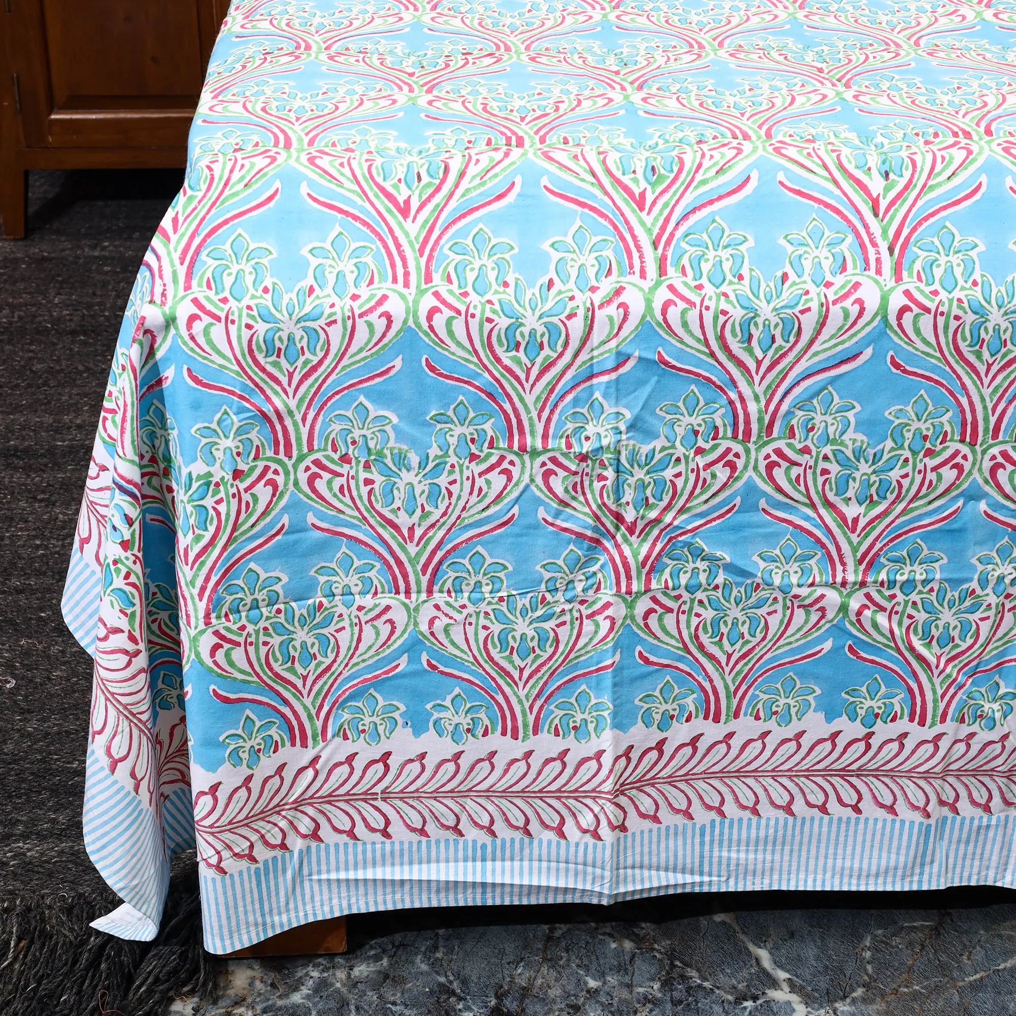 Blue - Sanganeri Block Printed Cotton Double Bed Cover Set 36