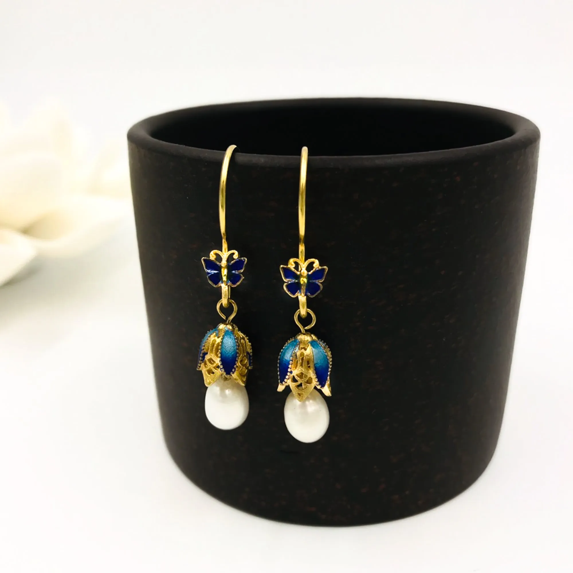 Butterfly and Flower Enamel Pearl Earrings