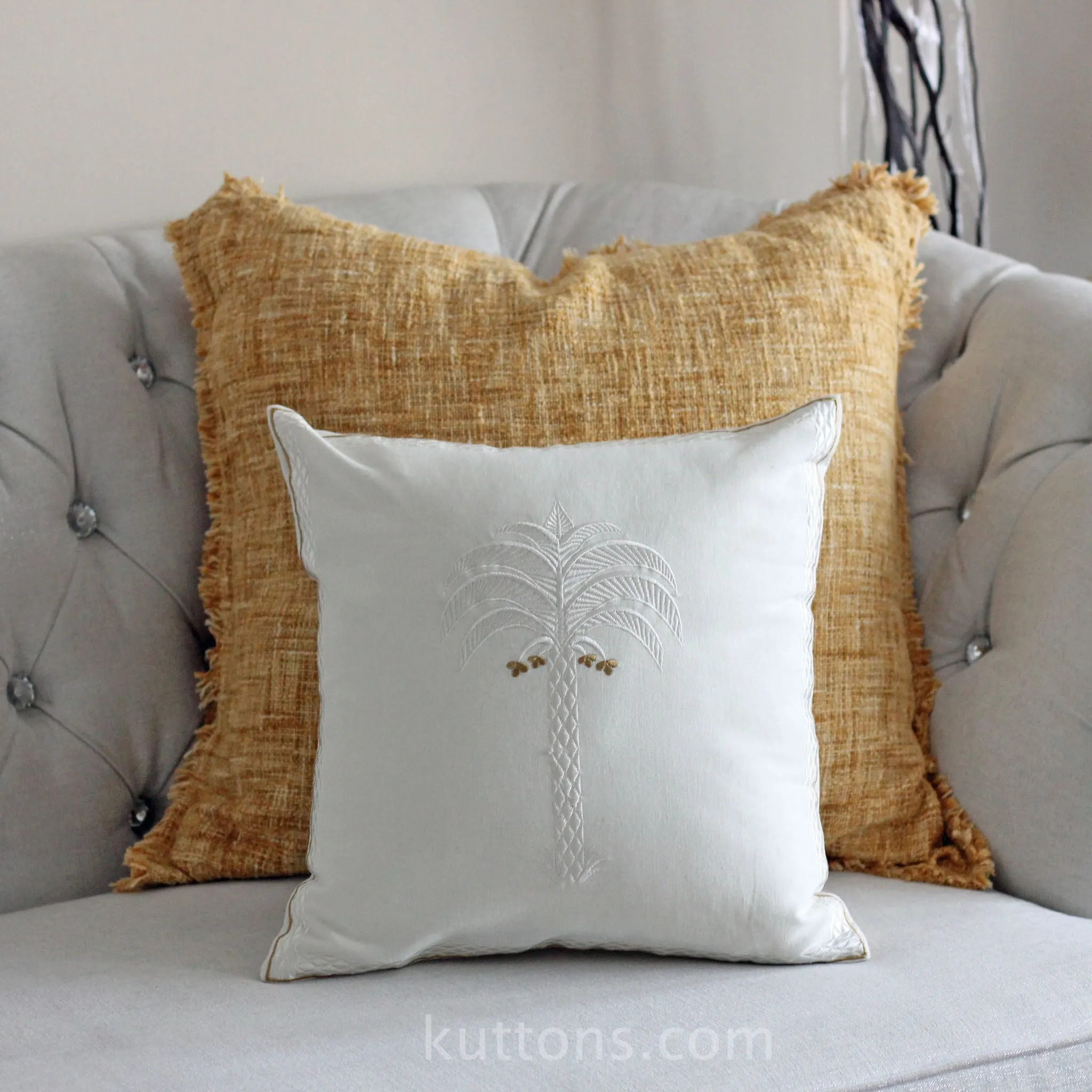 Calm Palm White Cotton Embriodered - Decorative Linen Pillow Cover | Chair Cushion, 16x16"