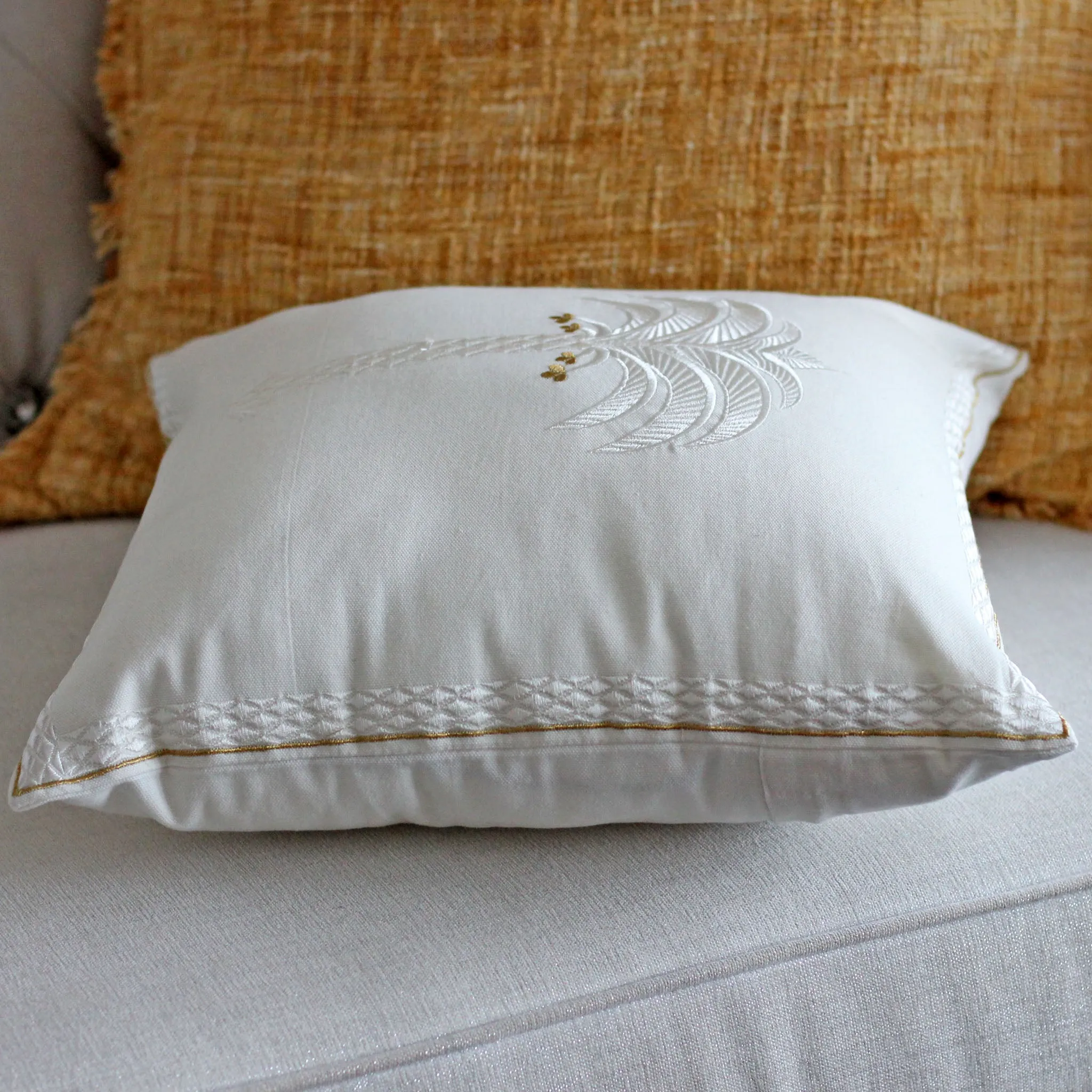 Calm Palm White Cotton Embriodered - Decorative Linen Pillow Cover | Chair Cushion, 16x16"