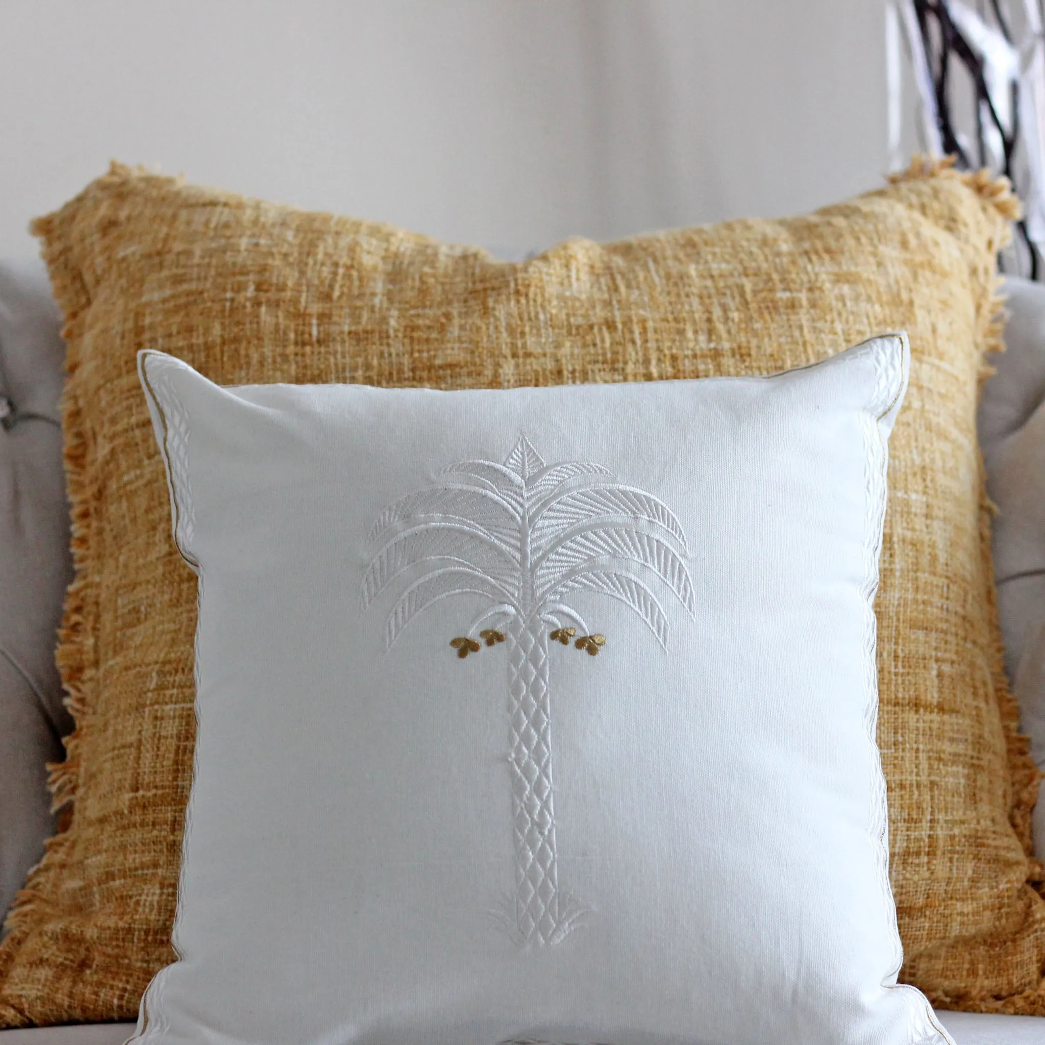 Calm Palm White Cotton Embriodered - Decorative Linen Pillow Cover | Chair Cushion, 16x16"