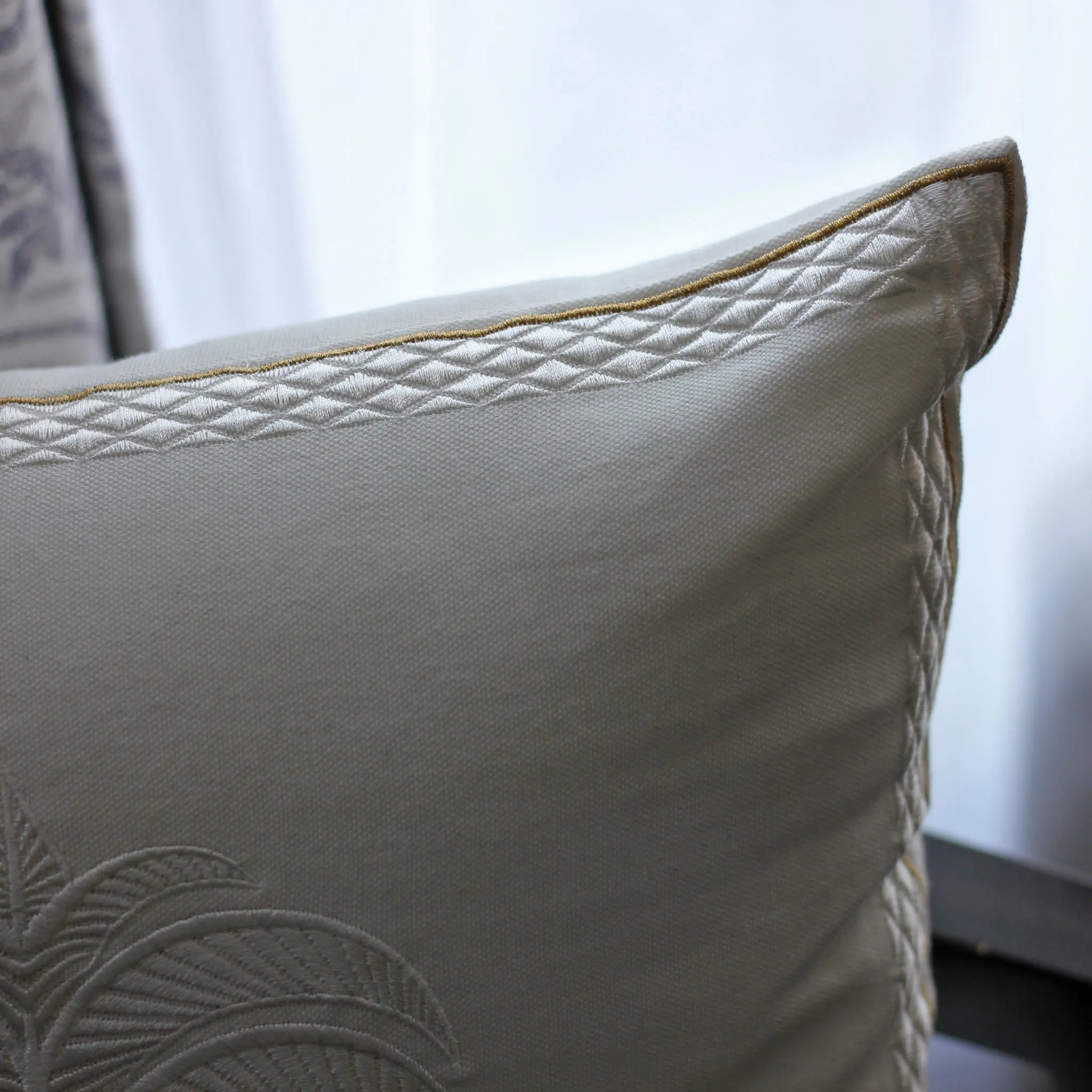 Calm Palm White Cotton Embriodered - Decorative Linen Pillow Cover | Chair Cushion, 16x16"