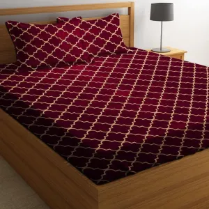 CLICKCART Glace Cotton Skin Friendly Prime Collection Ultrasoft Printed Flat Double Bedsheet with 2 Pillow Covers (Multicolour, 90 x 90 Inch) - Maroon Ring Damaas Gold5