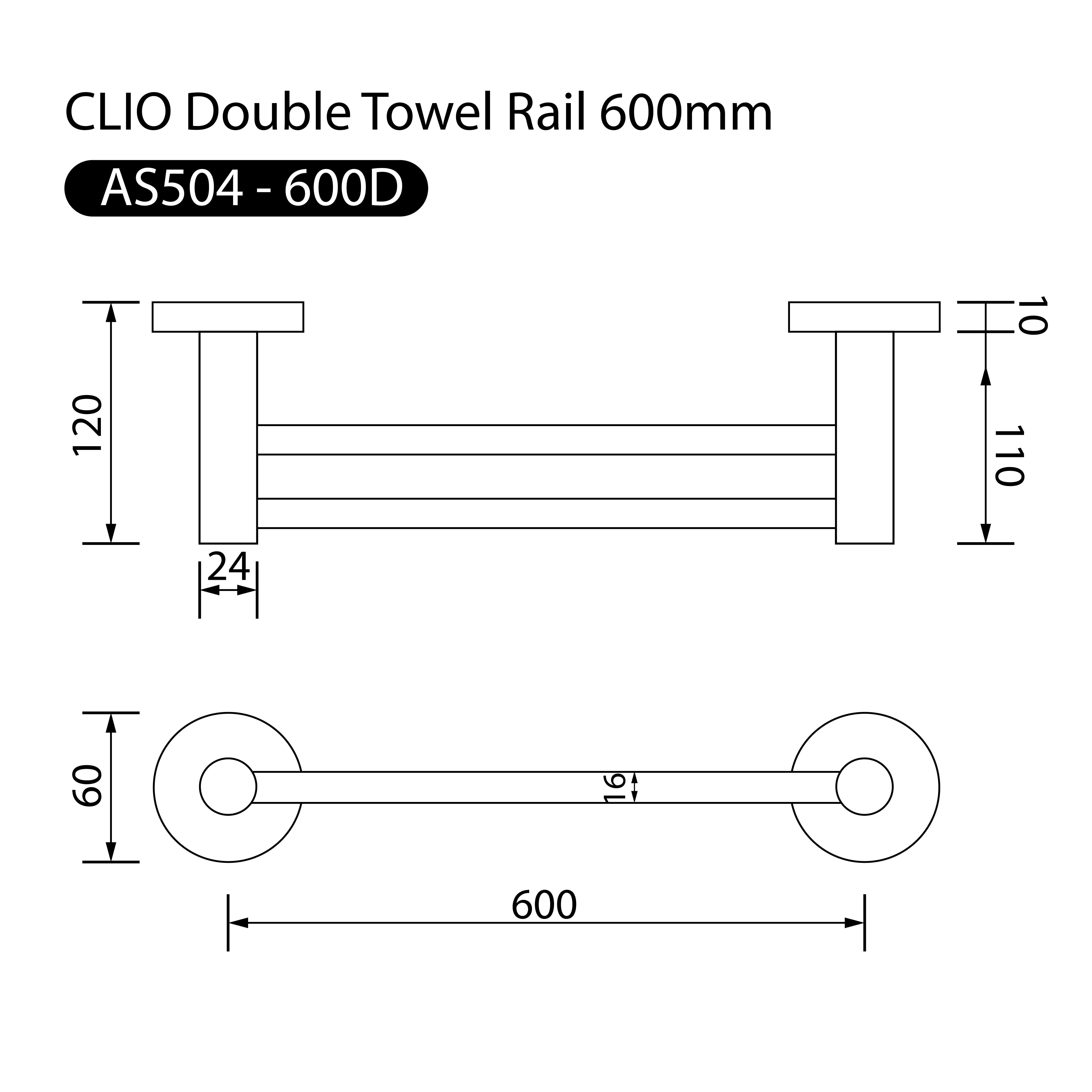 Clio Round Double Towel Rail 600mm Gunmetal