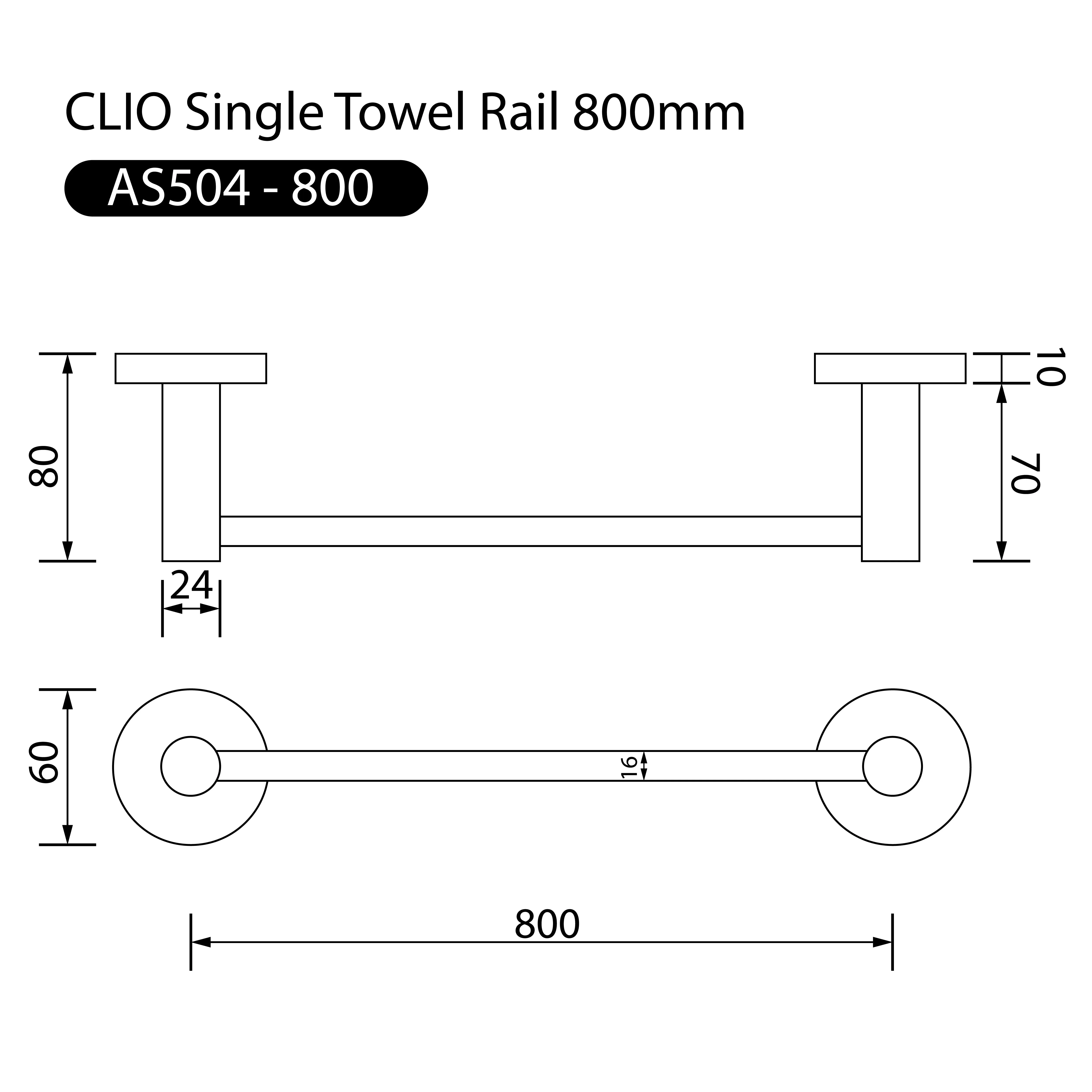 Clio Single Towel Rail 800mm Matte Black