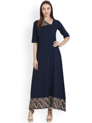 Dark Blue Half Sleeve Long Cotton Slub Kurta