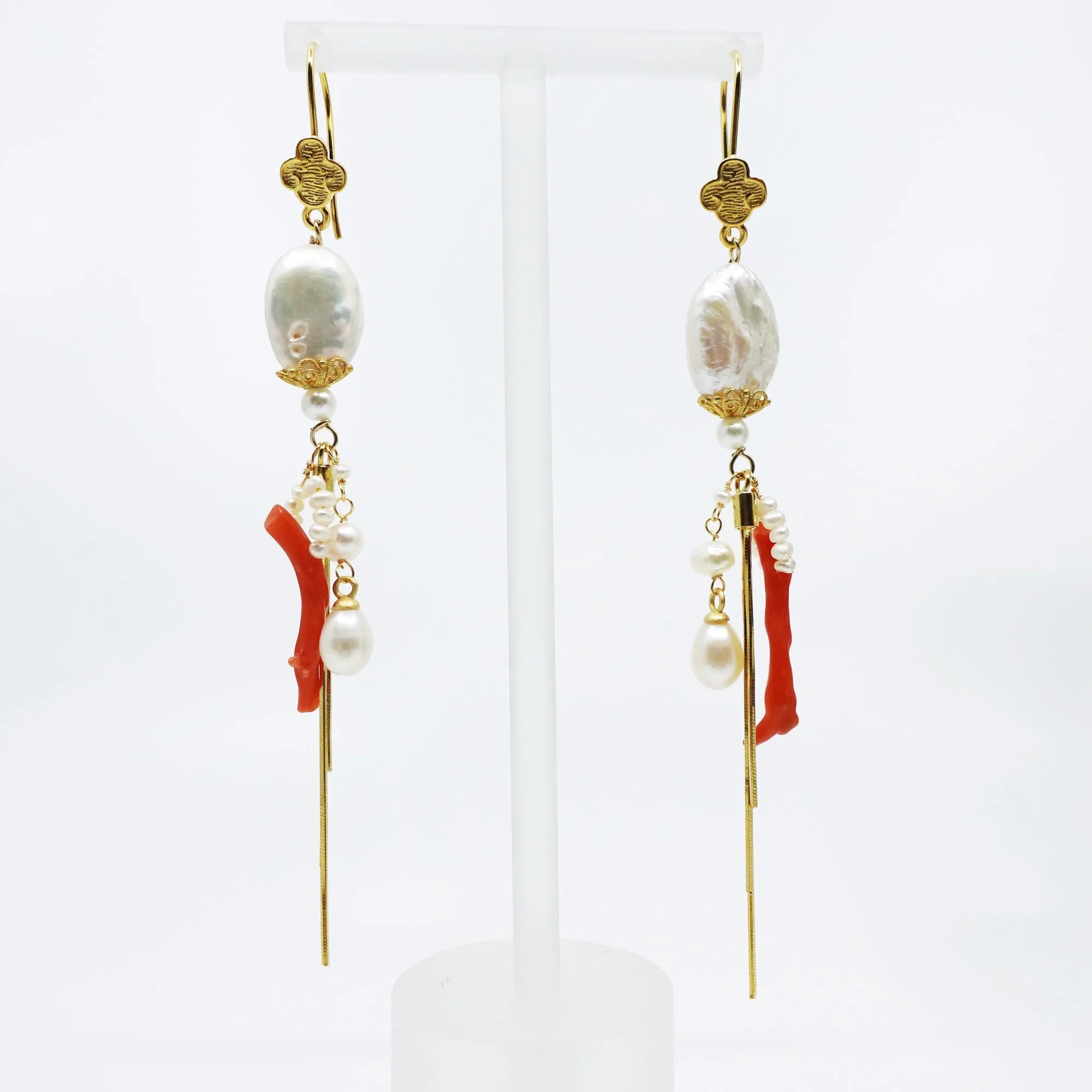 Dragon Princess Red Coral and Pearl Statement Earrings