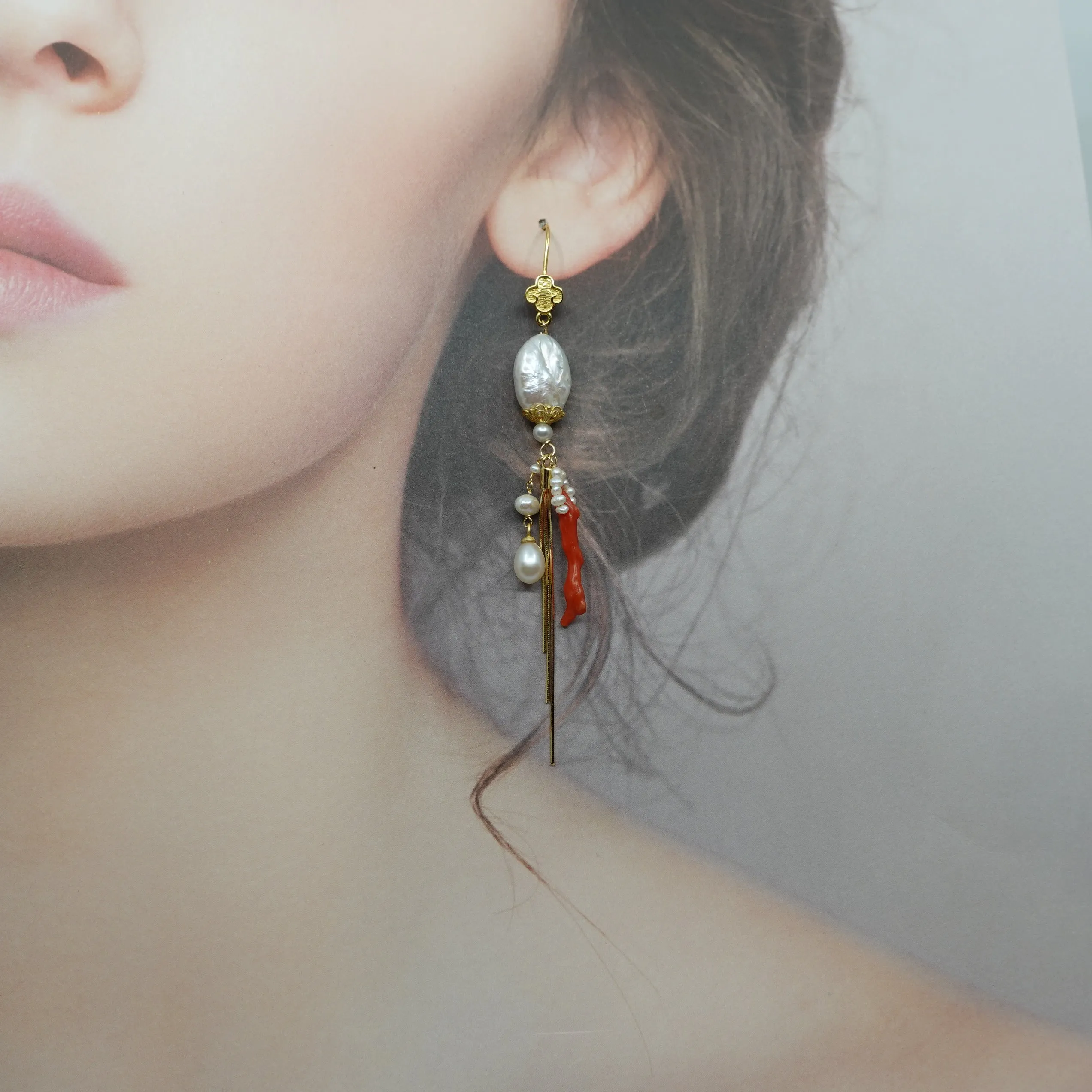 Dragon Princess Red Coral and Pearl Statement Earrings