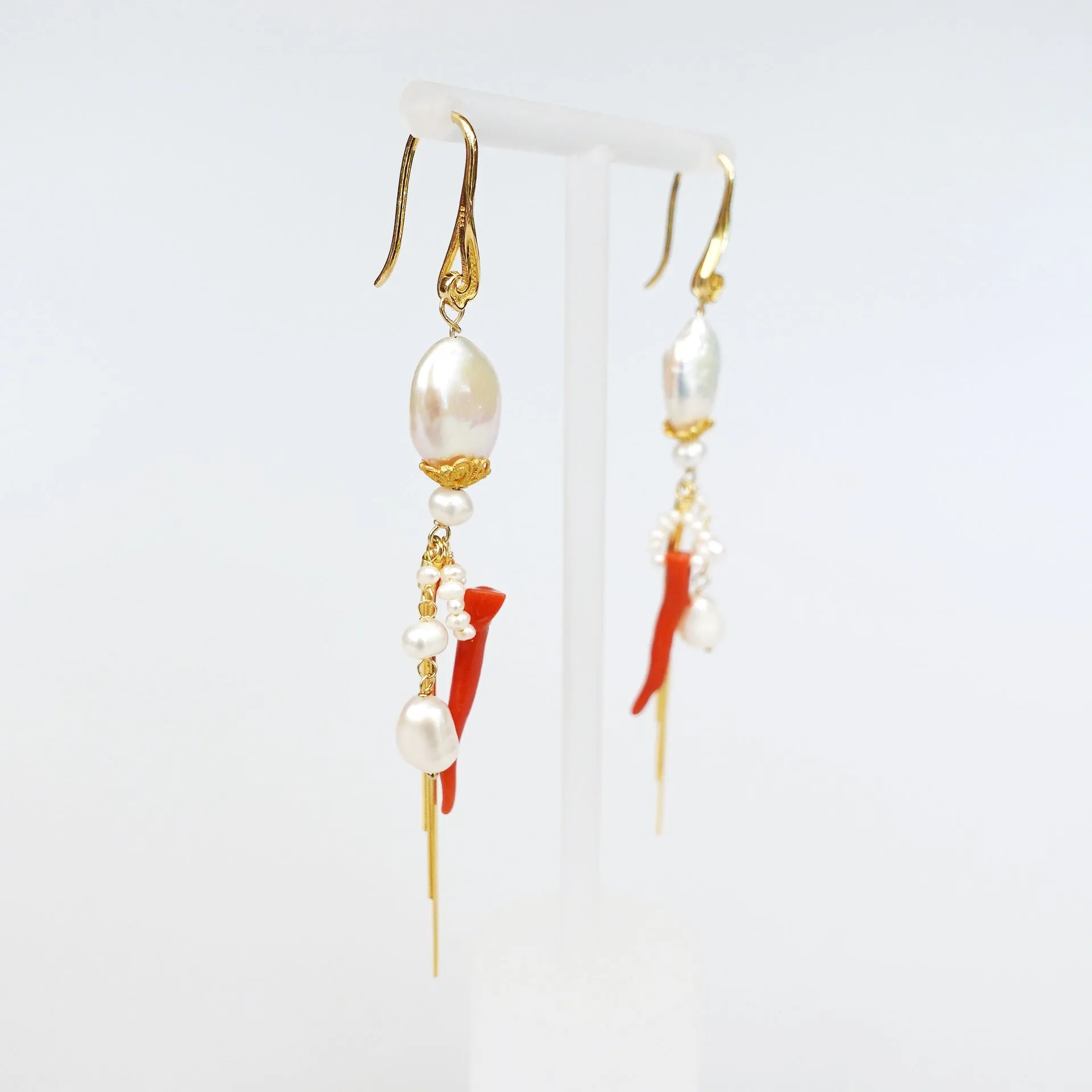 Dragon Princess Red Coral and Pearl Statement Earrings