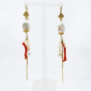 Dragon Princess Red Coral and Pearl Statement Earrings