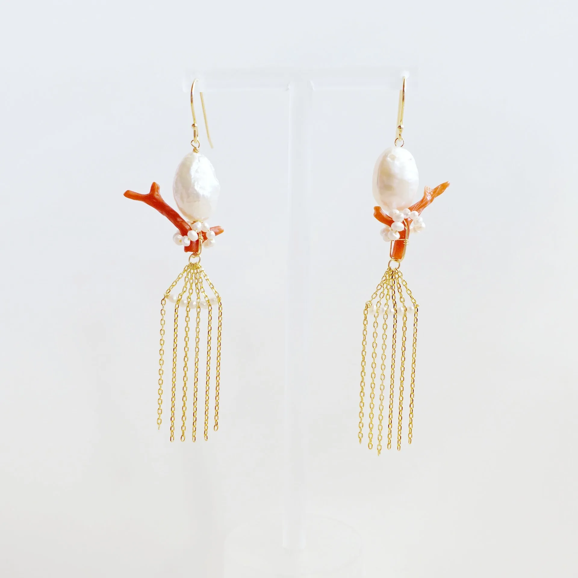 Dragon Princess Red Coral and Pearl Tassel Earrings