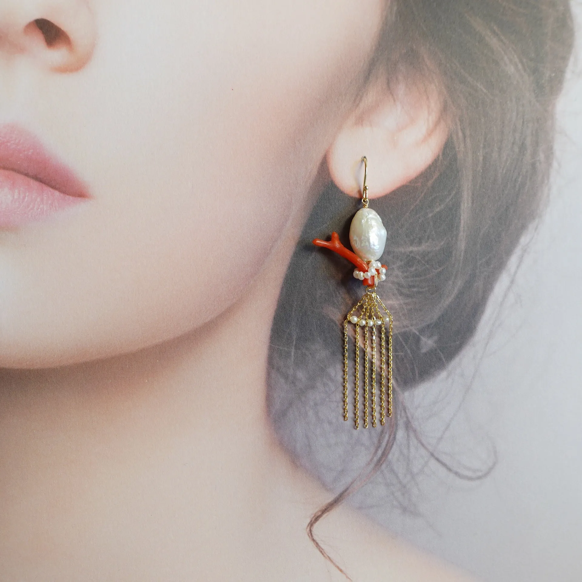 Dragon Princess Red Coral and Pearl Tassel Earrings