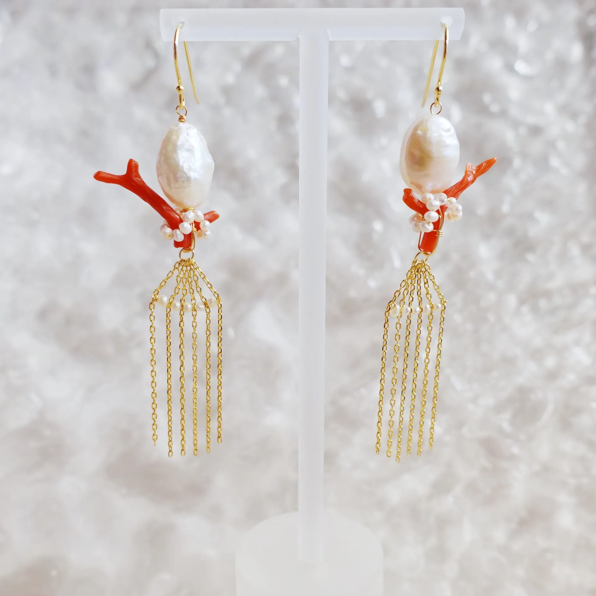 Dragon Princess Red Coral and Pearl Tassel Earrings