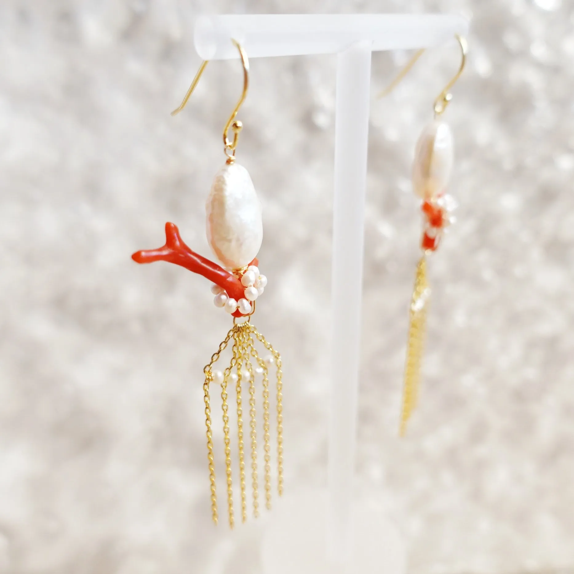 Dragon Princess Red Coral and Pearl Tassel Earrings