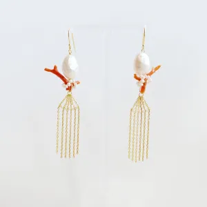 Dragon Princess Red Coral and Pearl Tassel Earrings