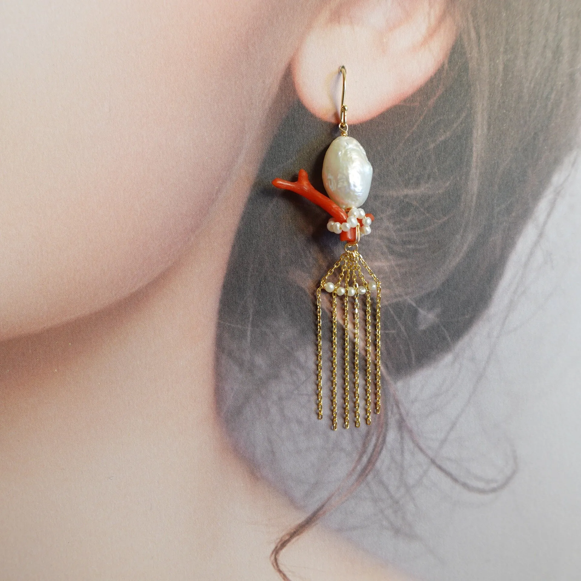 Dragon Princess Red Coral and Pearl Tassel Earrings