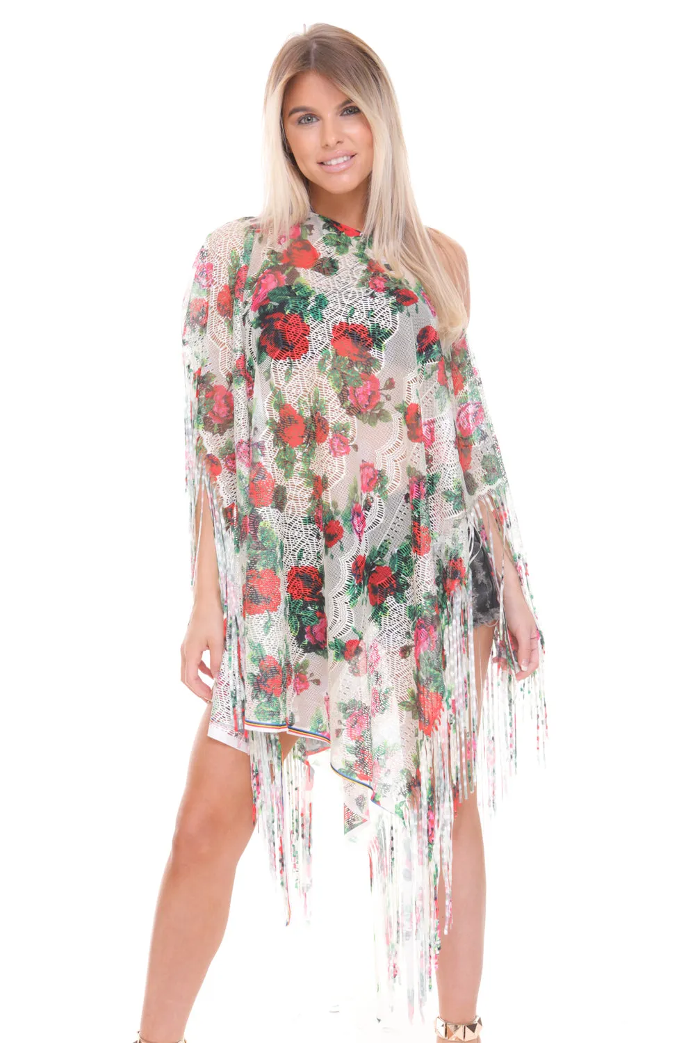 Floral Print Sheer Tassel Trim Holiday Kaftan Top