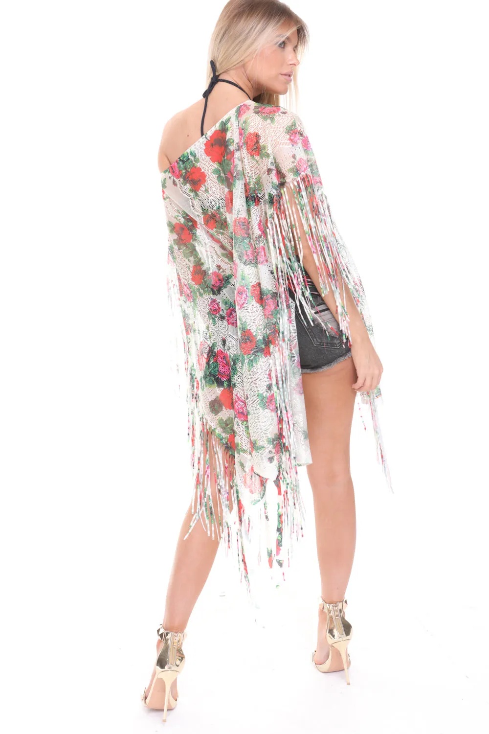 Floral Print Sheer Tassel Trim Holiday Kaftan Top