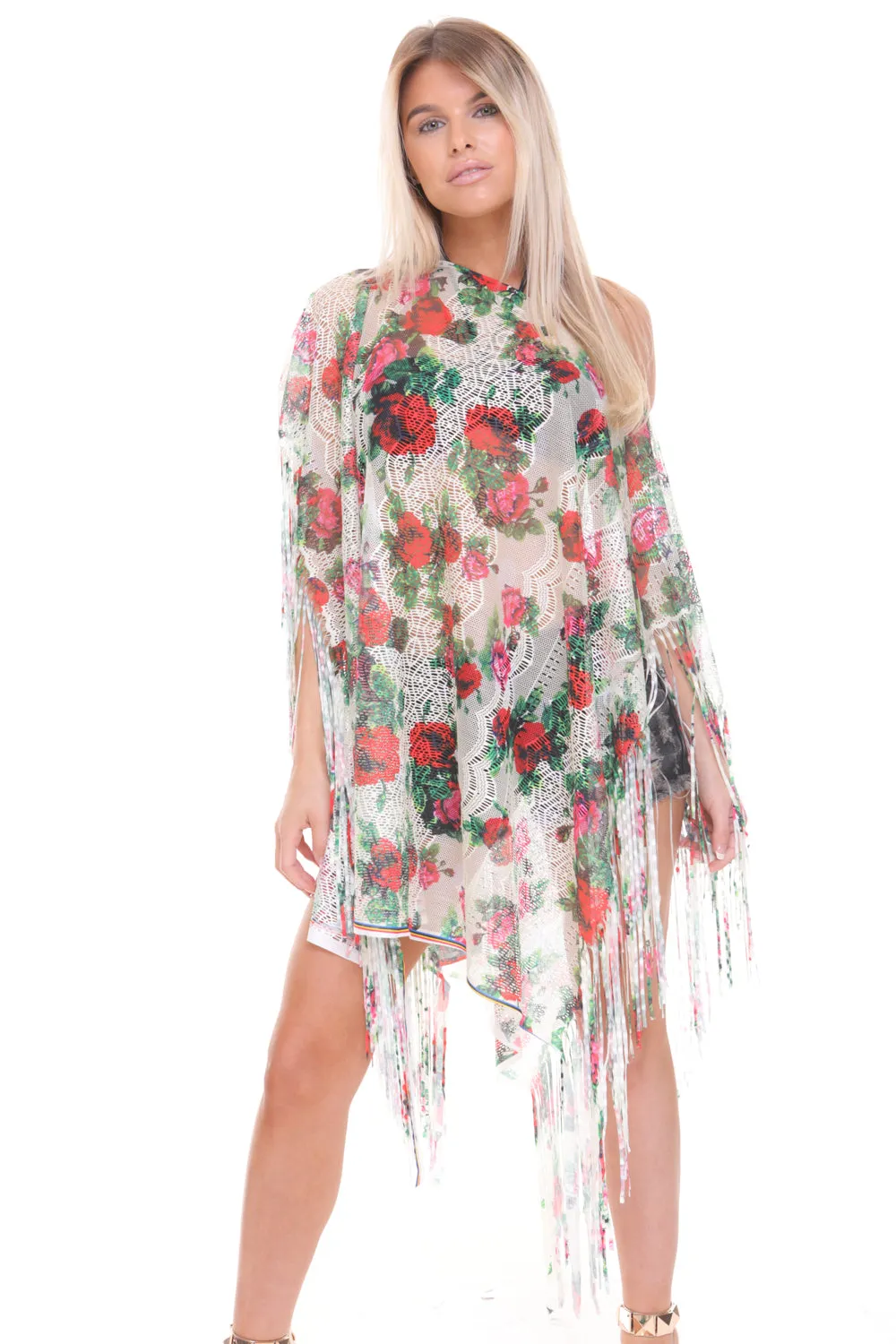 Floral Print Sheer Tassel Trim Holiday Kaftan Top