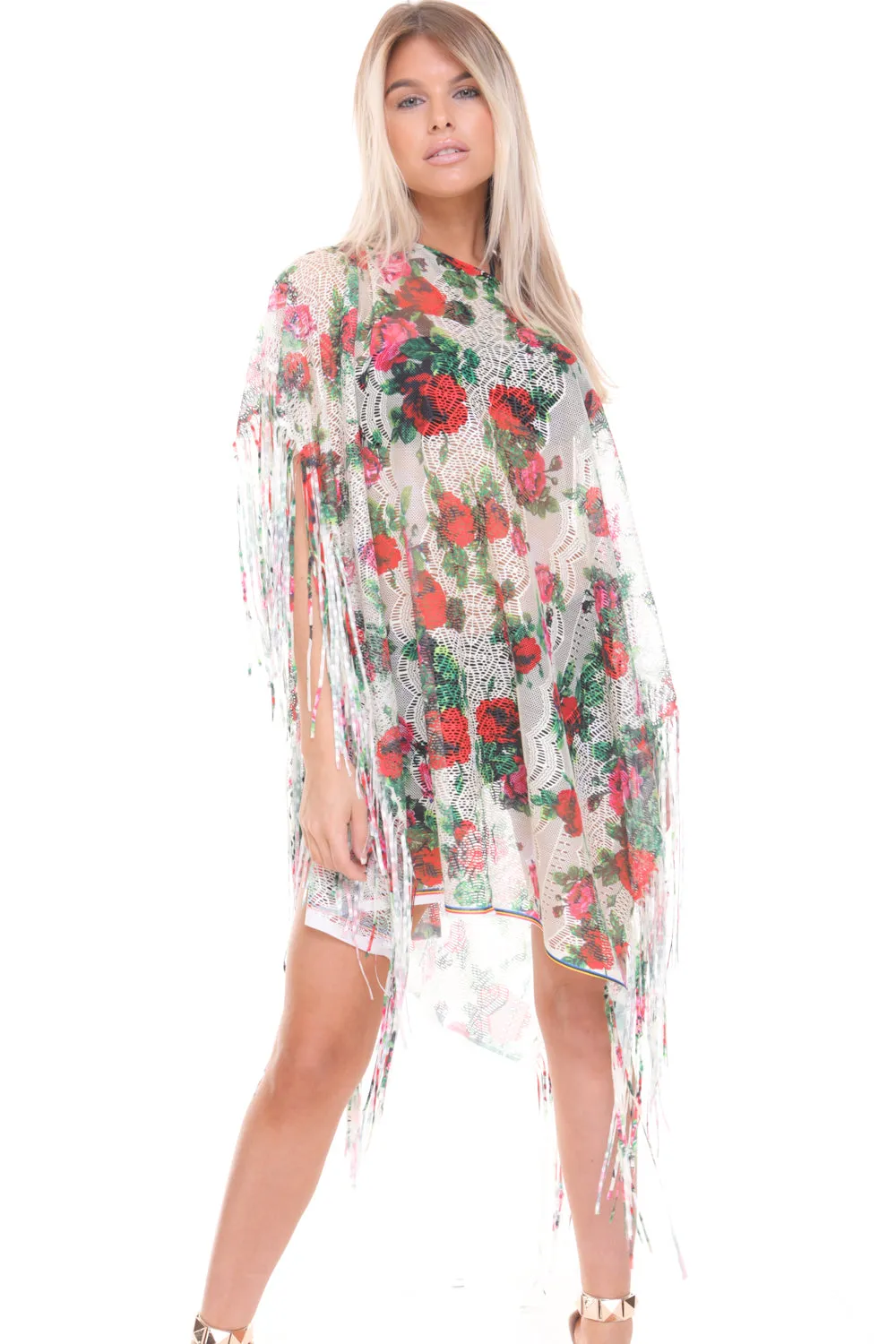 Floral Print Sheer Tassel Trim Holiday Kaftan Top