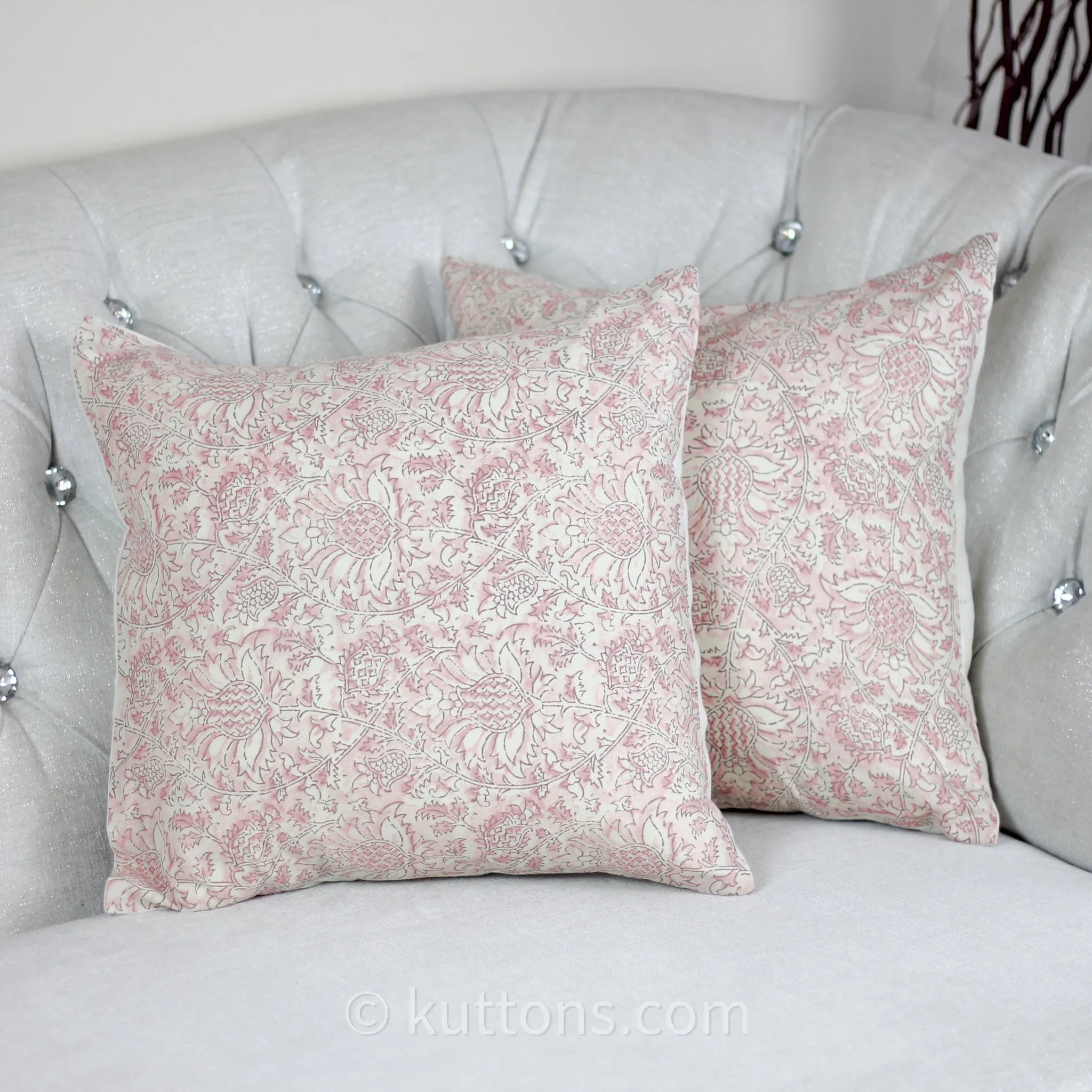 Floral Printed Cotton Cushion Cover | Cream-Pink, 16x16" (Set of 2)