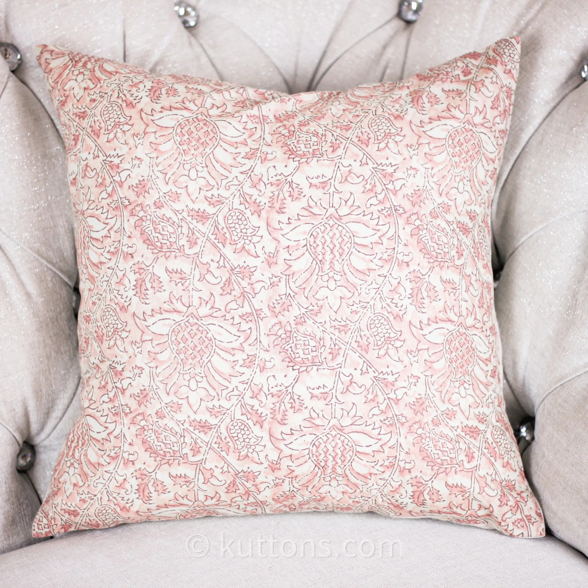 Floral Printed Cotton Cushion Cover | Cream-Pink, 16x16" (Set of 2)