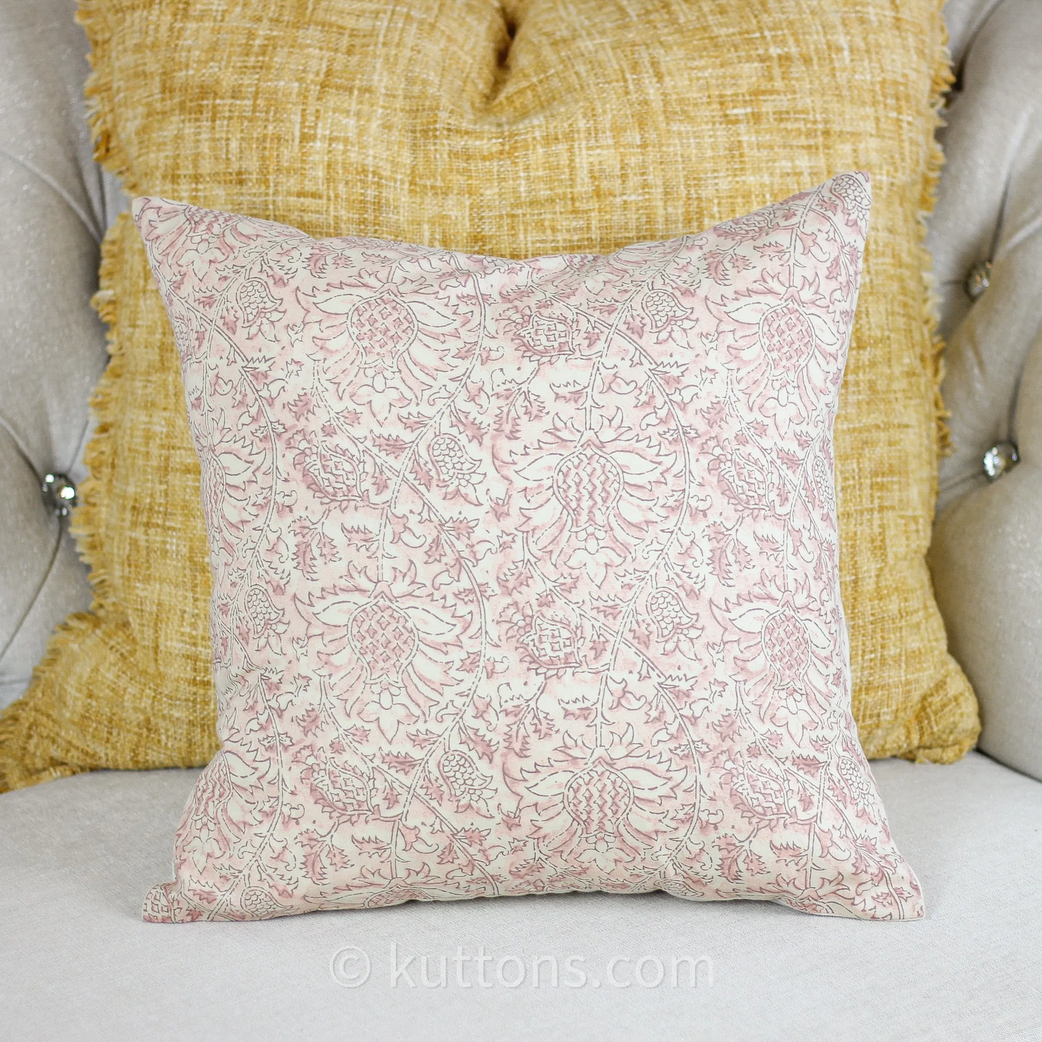 Floral Printed Cotton Cushion Cover | Cream-Pink, 16x16" (Set of 2)