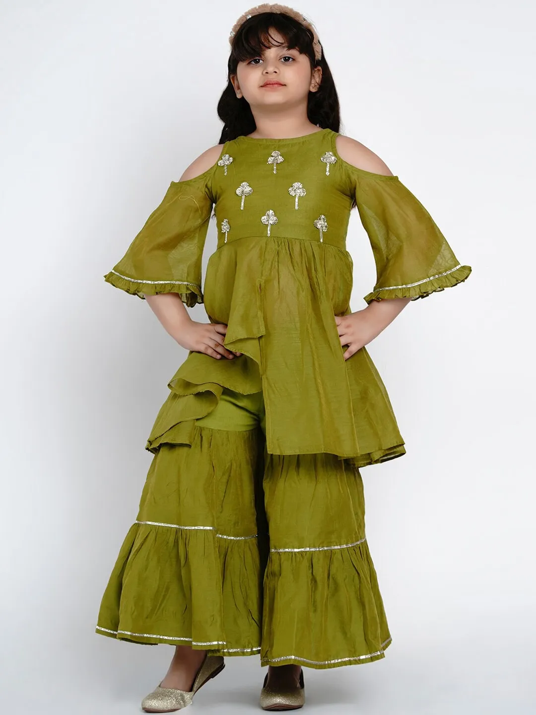 Girls Green Embroidered Kurti With Sharara