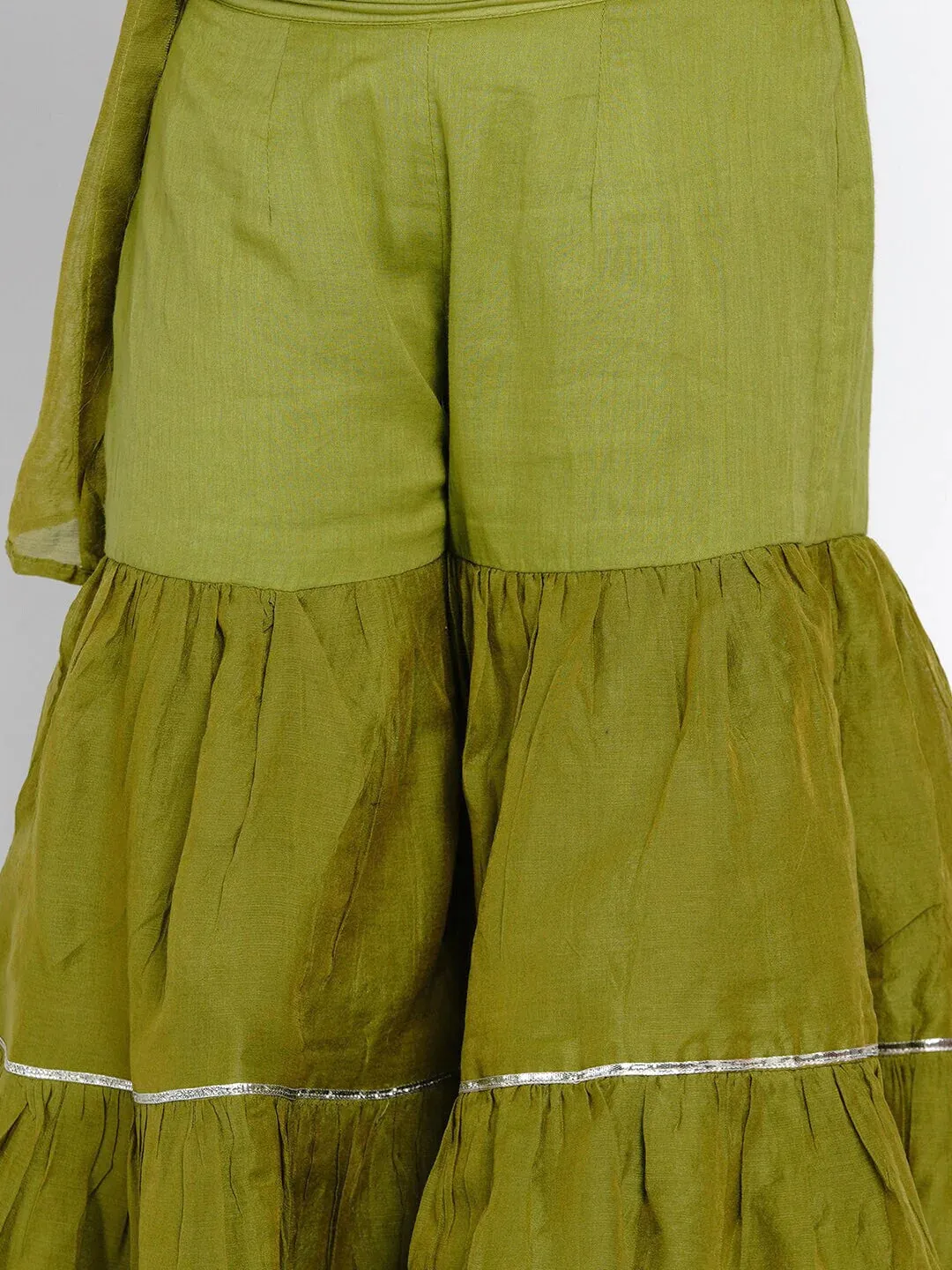 Girls Green Embroidered Kurti With Sharara