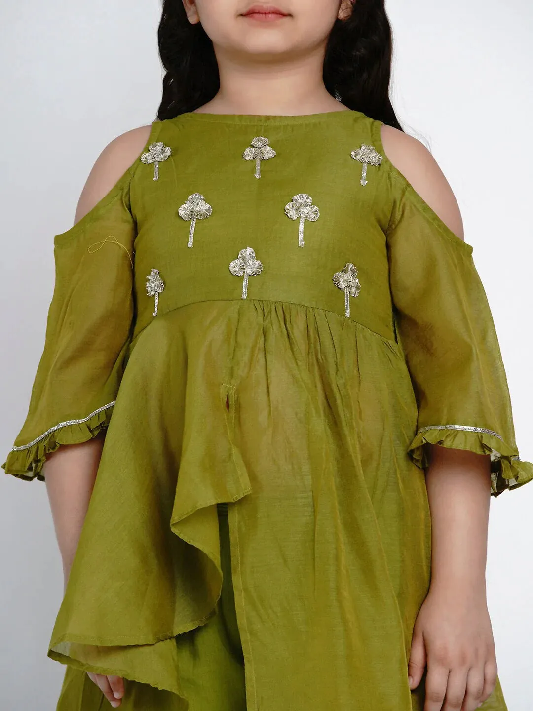 Girls Green Embroidered Kurti With Sharara