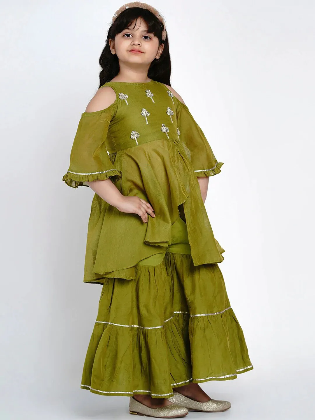 Girls Green Embroidered Kurti With Sharara