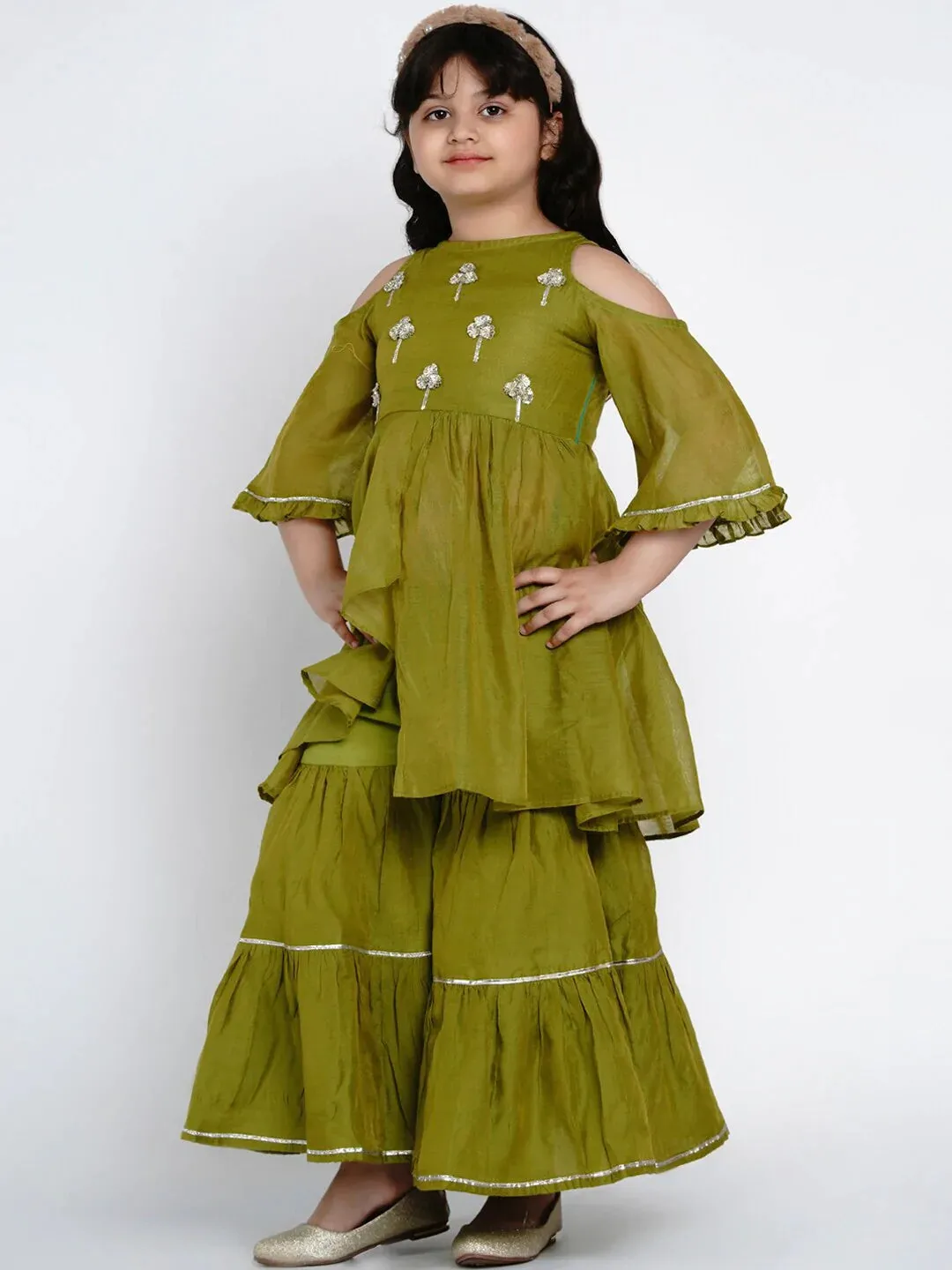 Girls Green Embroidered Kurti With Sharara