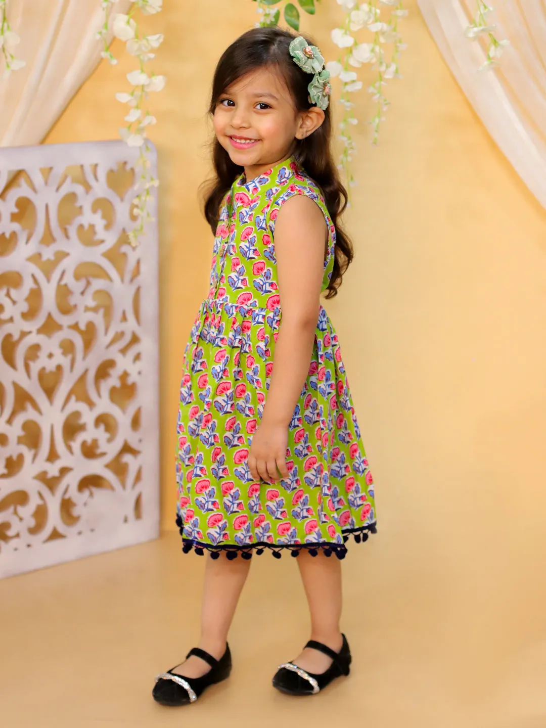 Girls Kids Wear Pure Cotton Printed Causal Frock-Green